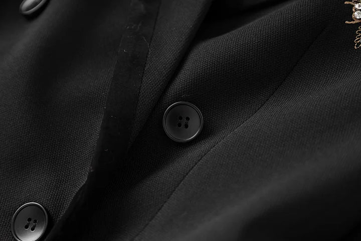 Black blazer fabric and button close-up with two dark plastic buttons