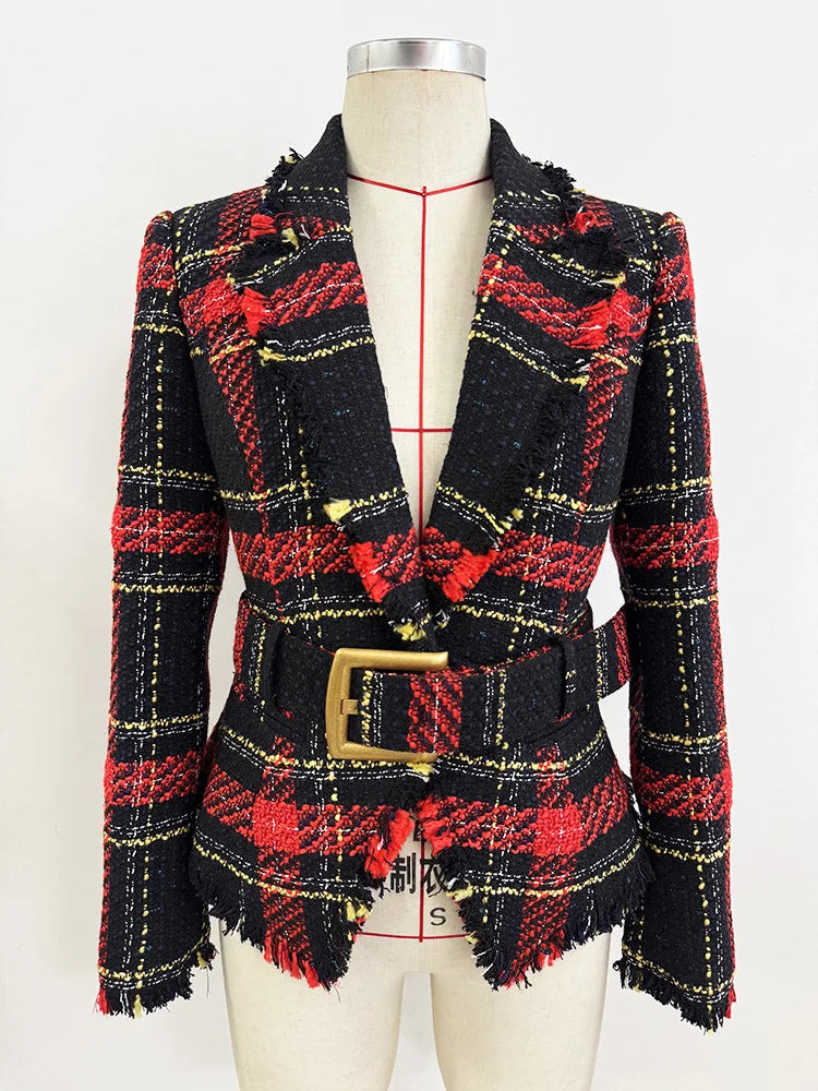Premium Plaid Tweed Slim Blazer Jacket