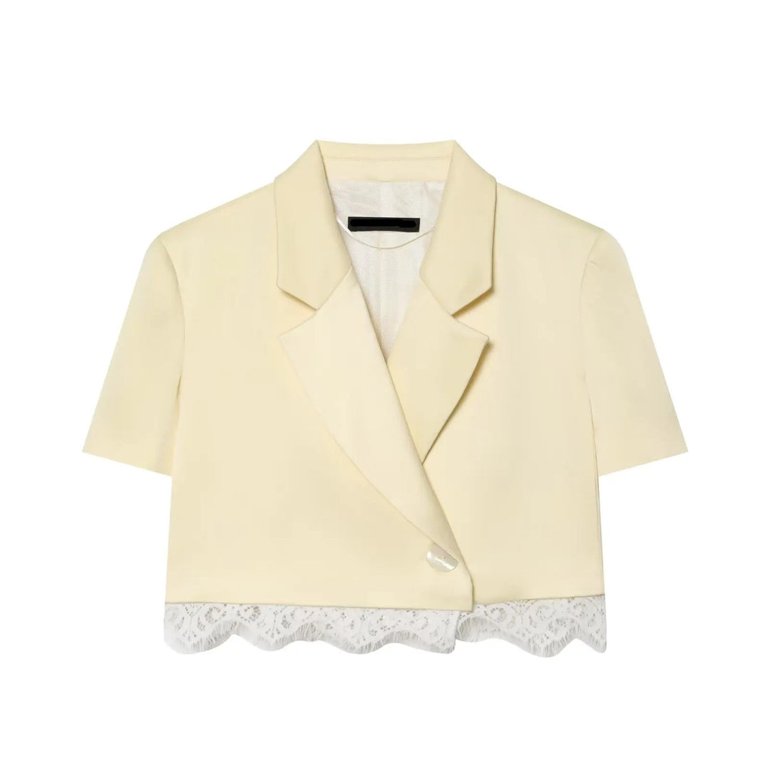 Beige cropped satin blazer with short sleeves and lace-trim hem