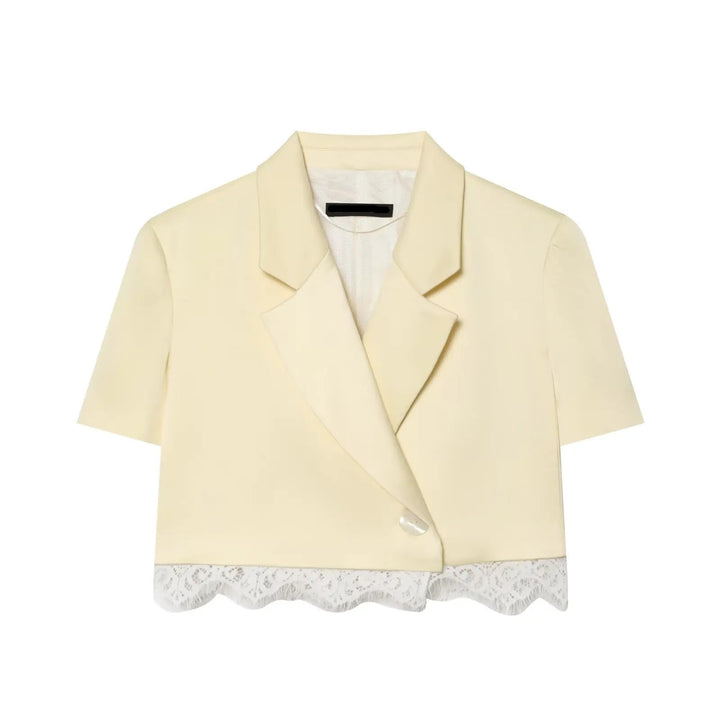 Beige cropped satin blazer with short sleeves and lace-trim hem