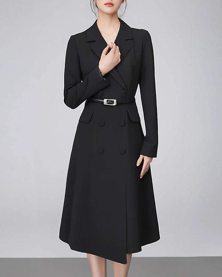 Black belted midi dress with blazer collar, long sleeves, and buttoned front skirt detailing