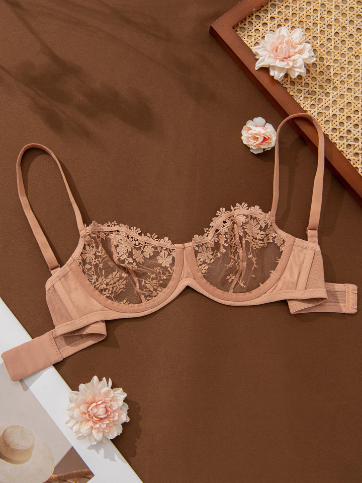 Nude blush sheer lace embroidered women&