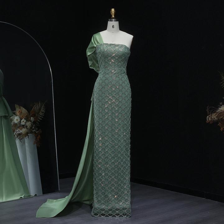 Luxury Green Beaded One Shoulder Evening Dress