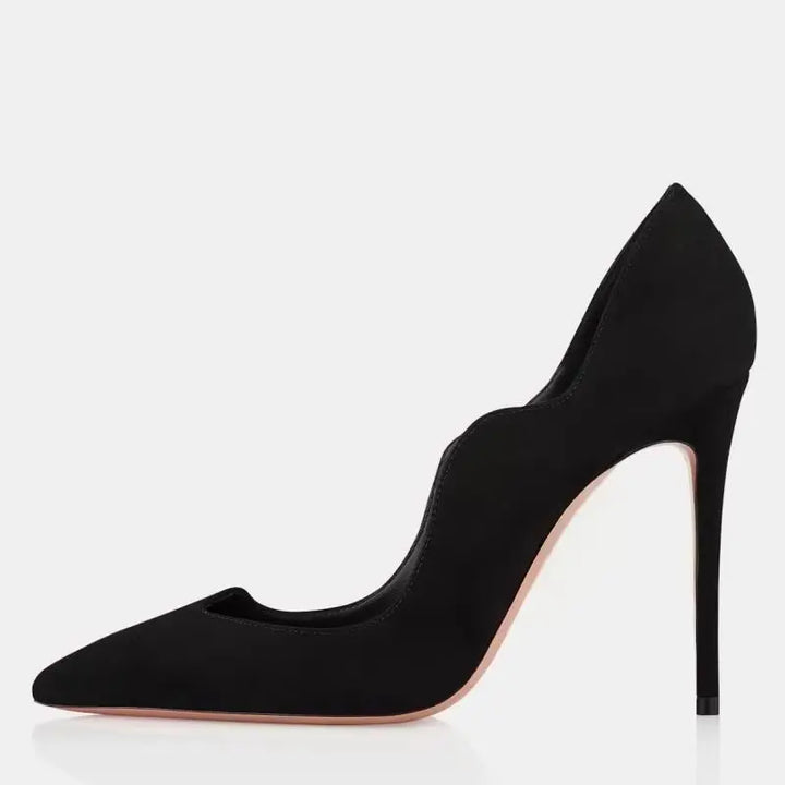 Black leather high-heel pumps with pointed toe and stiletto heel