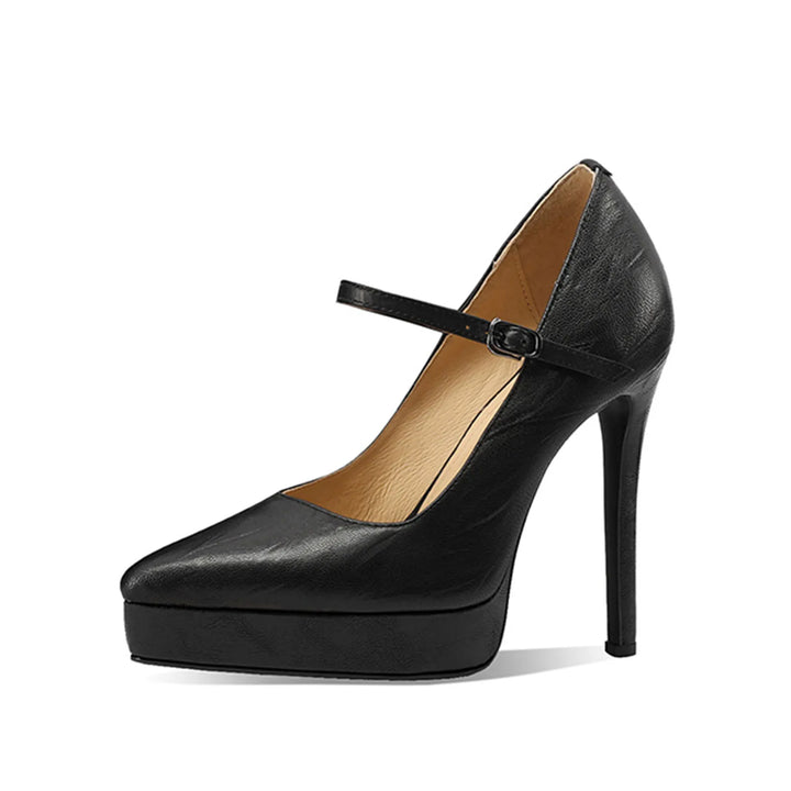 Women’s high-heel platform pumps with ankle strap, black, pointed toe, side view