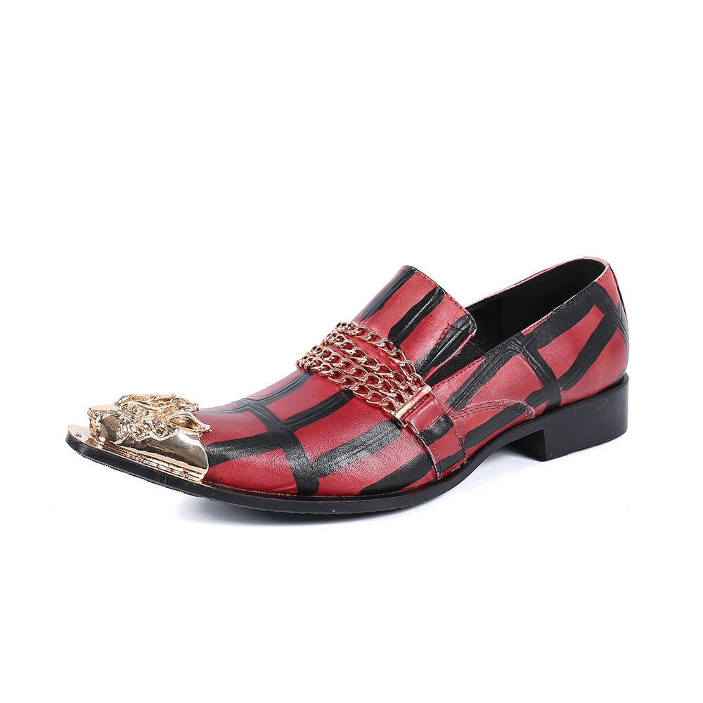 Red pointed-toe formal loafer with black stripe pattern and ornate gold front ornament