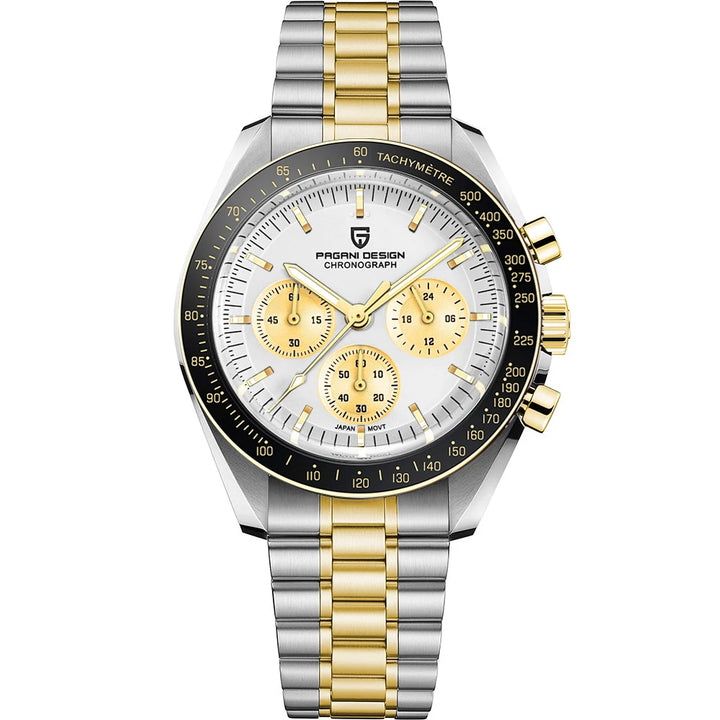 Two-tone watch with gold and silver strap on a white background