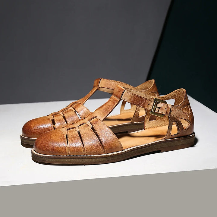 Round-toe Oil Slick Leather Sandals
