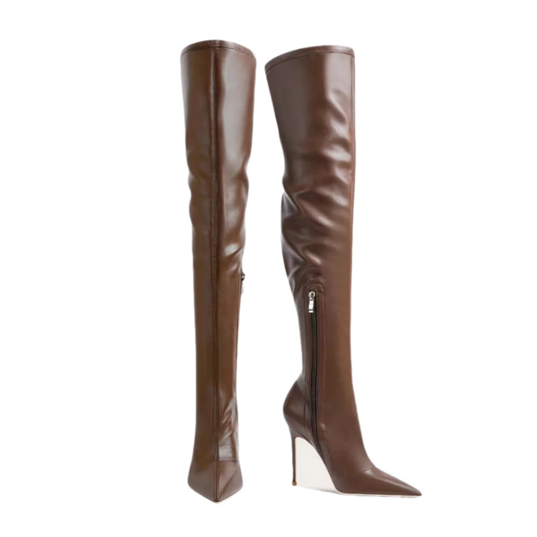 Brown knee-high stiletto heel boots with pointed toe and side zipper
