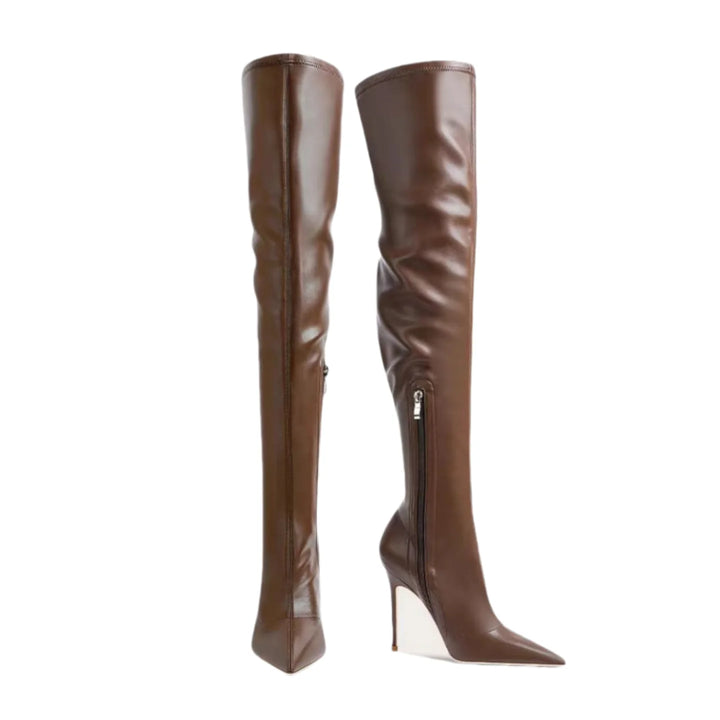 Brown knee-high stiletto heel boots with pointed toe and side zipper
