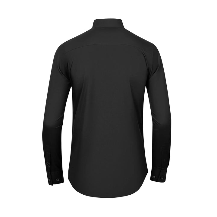 Black slim-fit button-up shirt, back view with long sleeves and button cuffs
