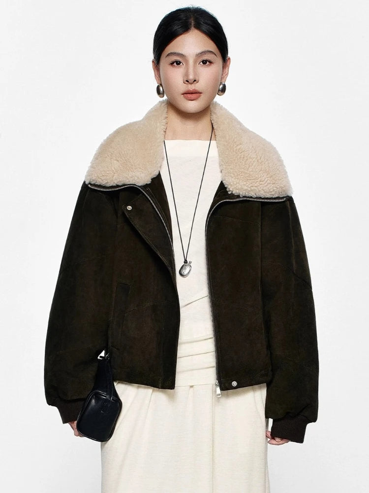 Dark olive suede cropped coat with cream shearling collar, zip and snap buttons