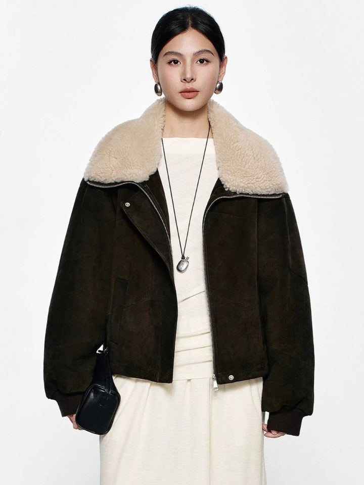 Dark olive suede cropped coat with cream shearling collar, zip and snap buttons