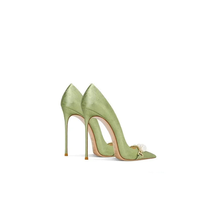 Beautiful Grass Green Satin High Heels