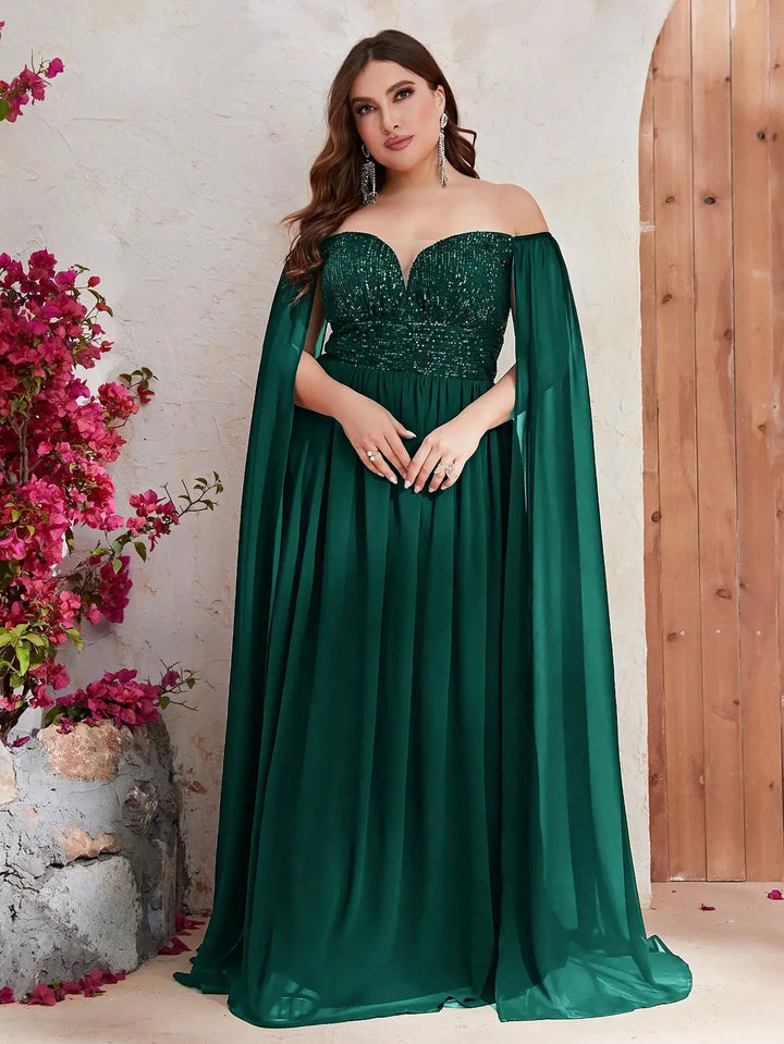 Cape Sleeve Sequined Evening Dress