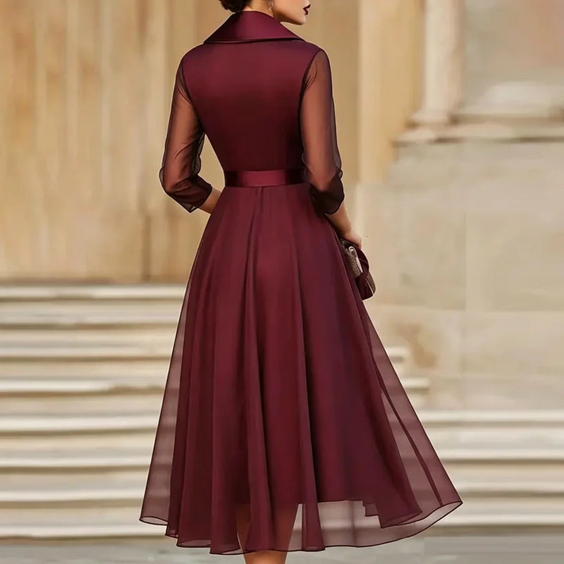 Wine red midi dress with V-neck, sheer long sleeves, and pleated A-line skirt