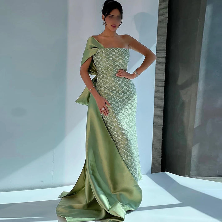 Luxury Green Beaded One Shoulder Evening Dress