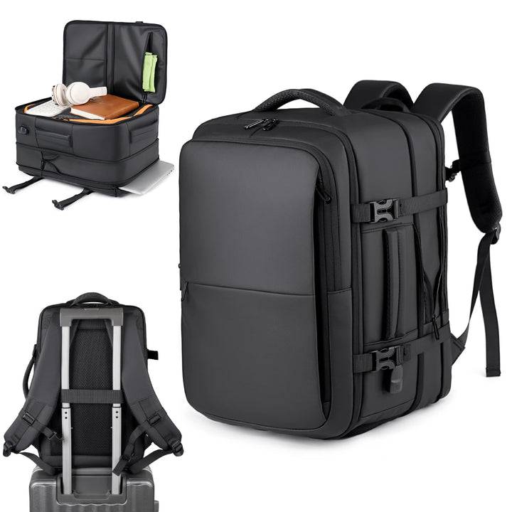 Black expandable backpack with open top showing interior organizer and side access