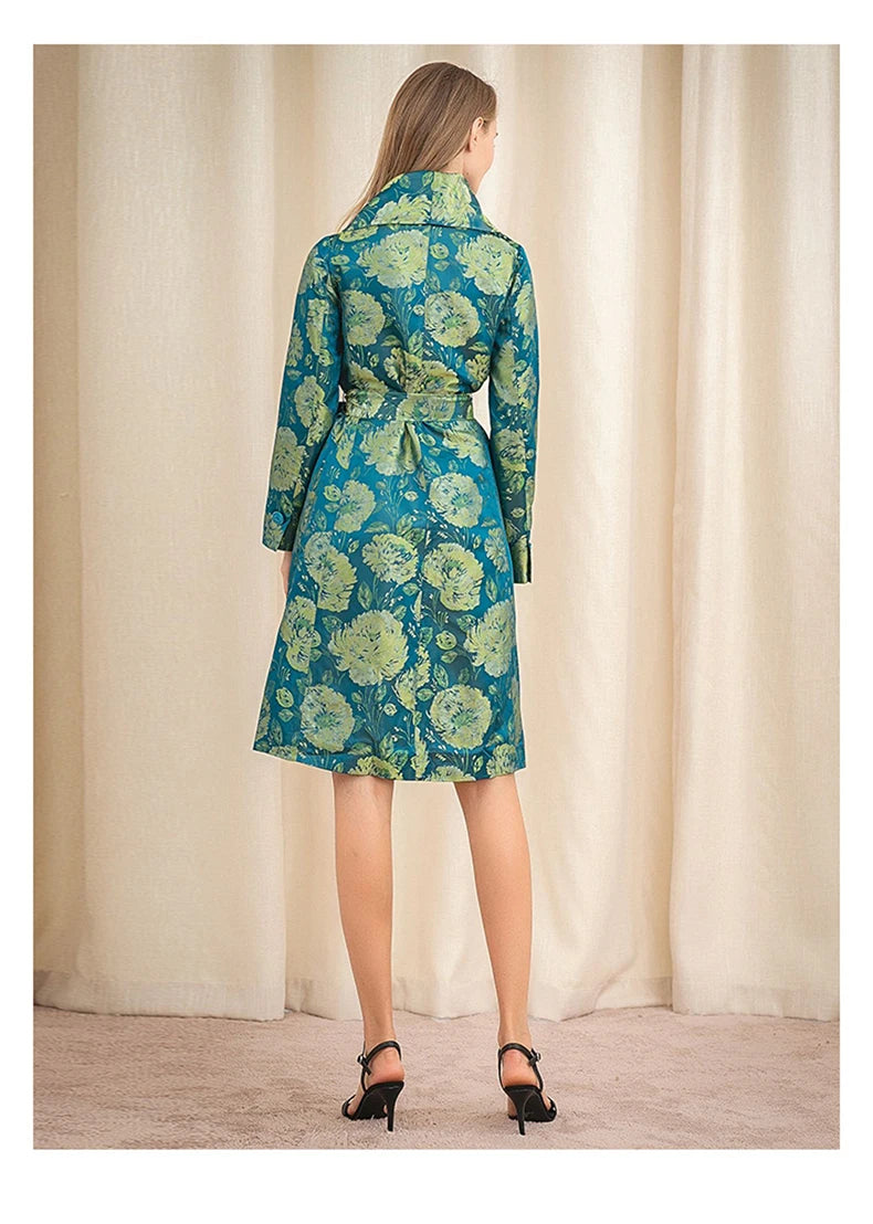 Turn Down Collar Jacquard Silk Trench Coat