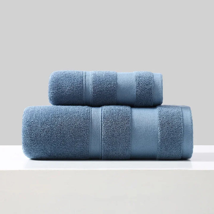 Cotton towel set of 2 in blue, folded bath towels stacked