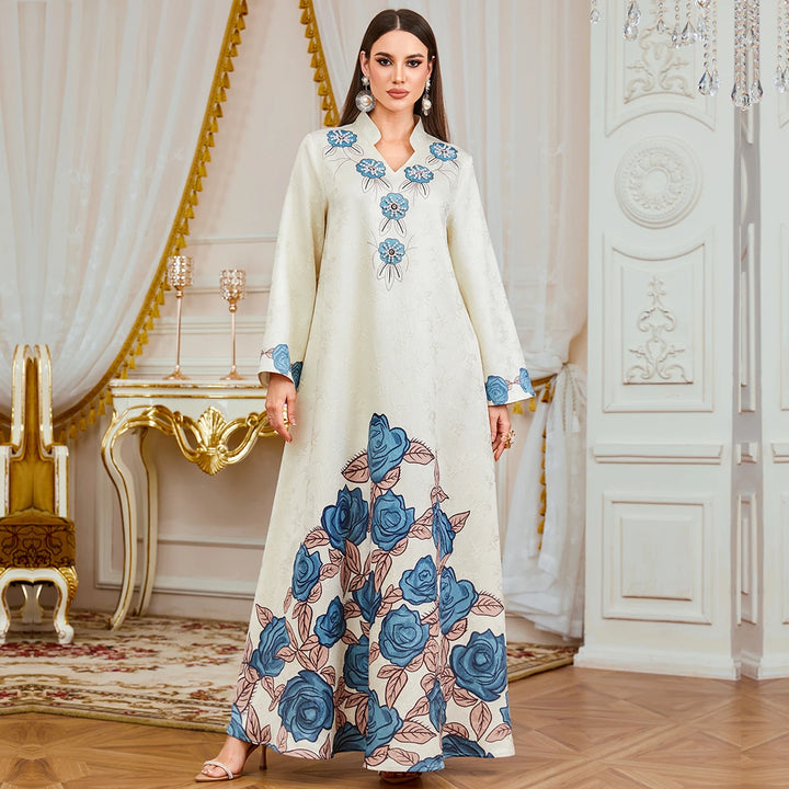 Attractive Floral Print Moroccan Abaya Dress