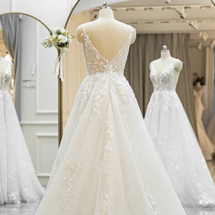 Robes de mariée classiques pour femmes, bretelles spaghetti, fermeture éclair, dentelle, coupe trapèze, col en V, robes de mariée QW01836