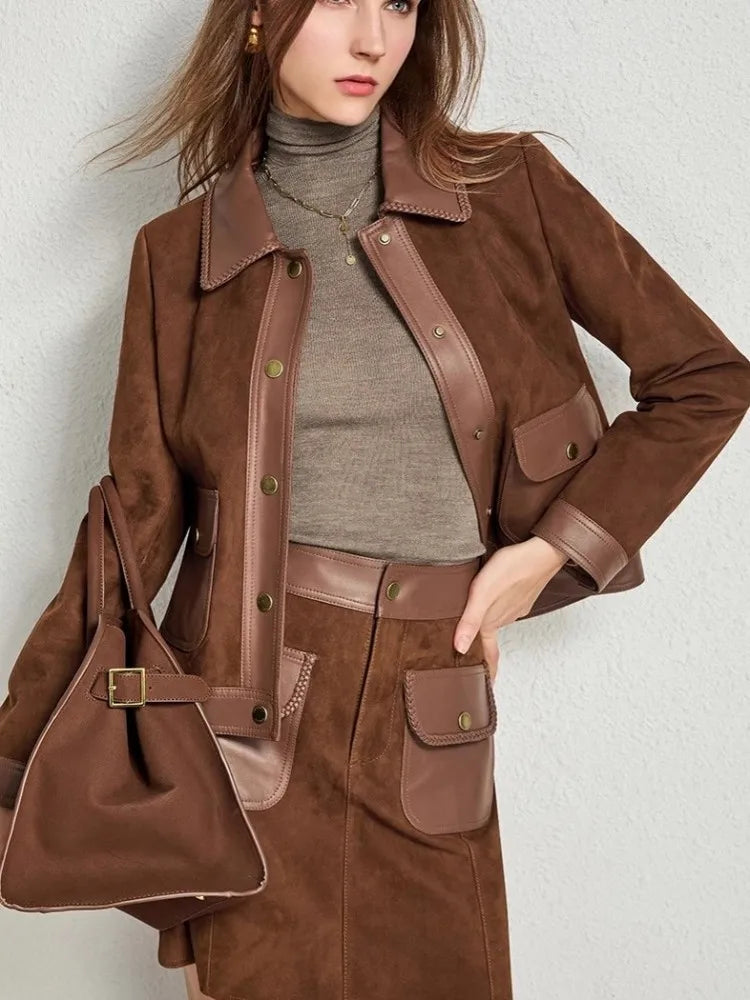 Brown suede lapel jacket with snap buttons, patch pockets, and matching belt.