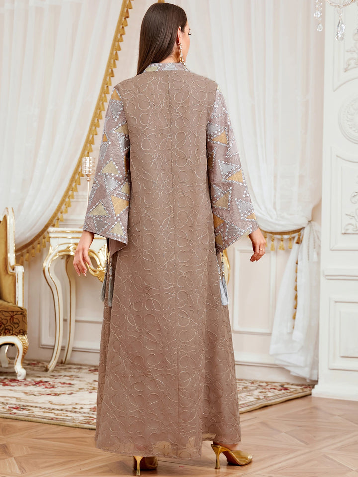 Notched Stand Collar Tassels Abaya Dress