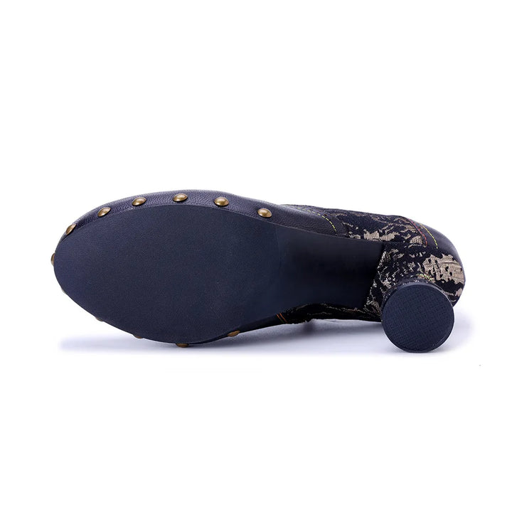 Women’s leather heel pumps outsole, dark blue platform with round rivet studs