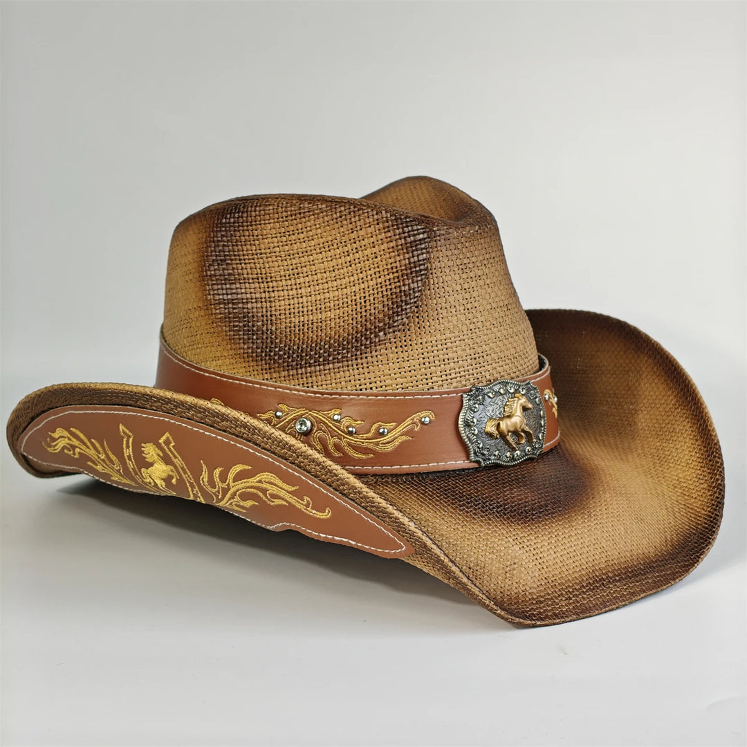 Embroidered cowboy sun hat, tan straw with dark leather band and silver-tone buckle detail