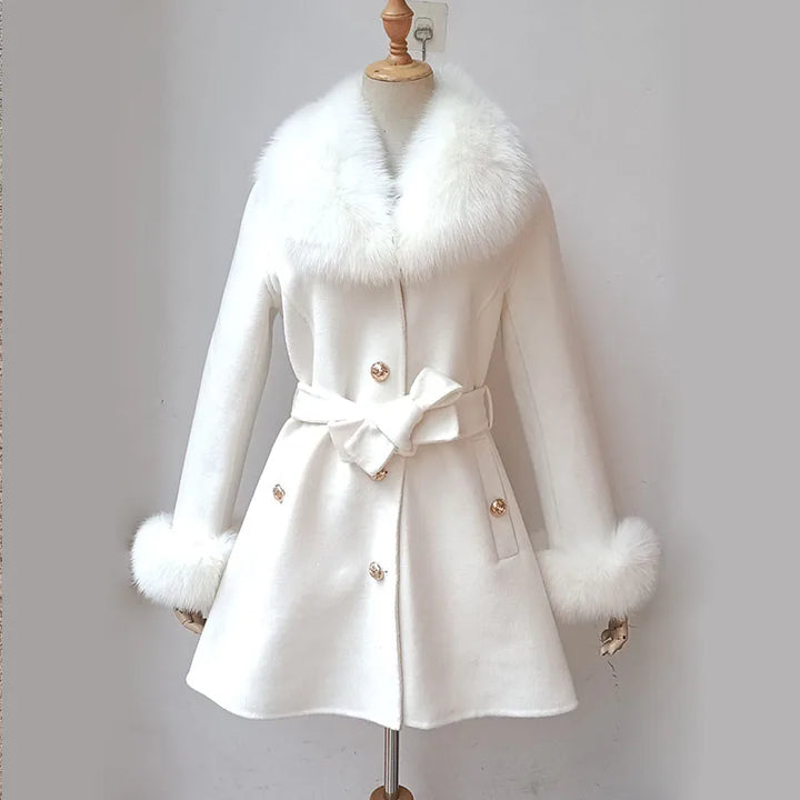 Elegant Fur Collar Slim Cashmere Coat