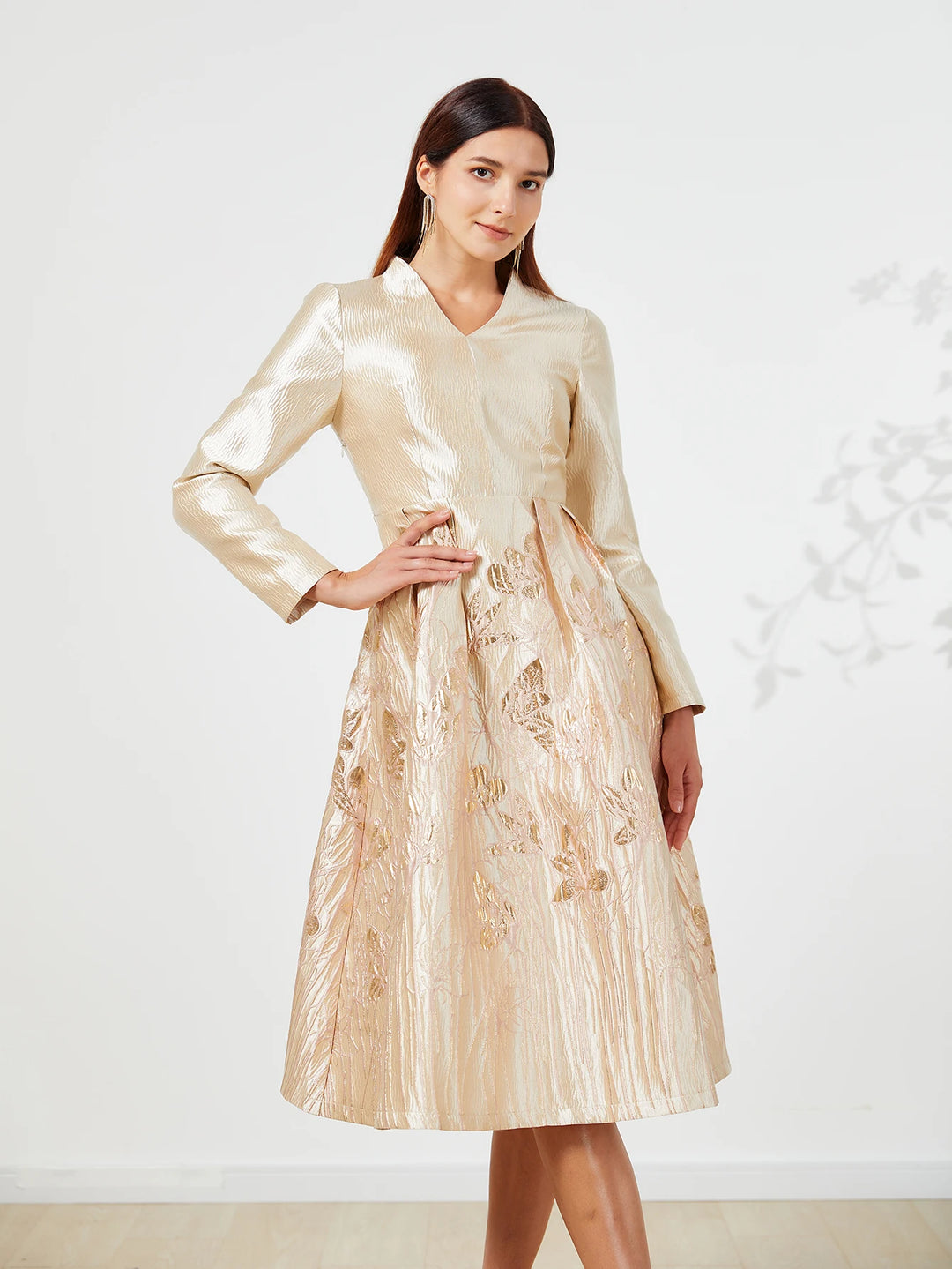 Luxurious Golden Jacquard Midi Skirt Dress