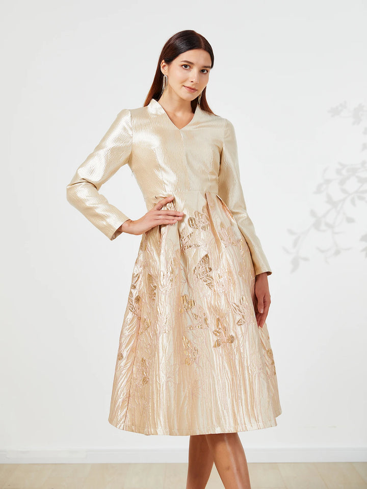 Luxurious Golden Jacquard Midi Skirt Dress