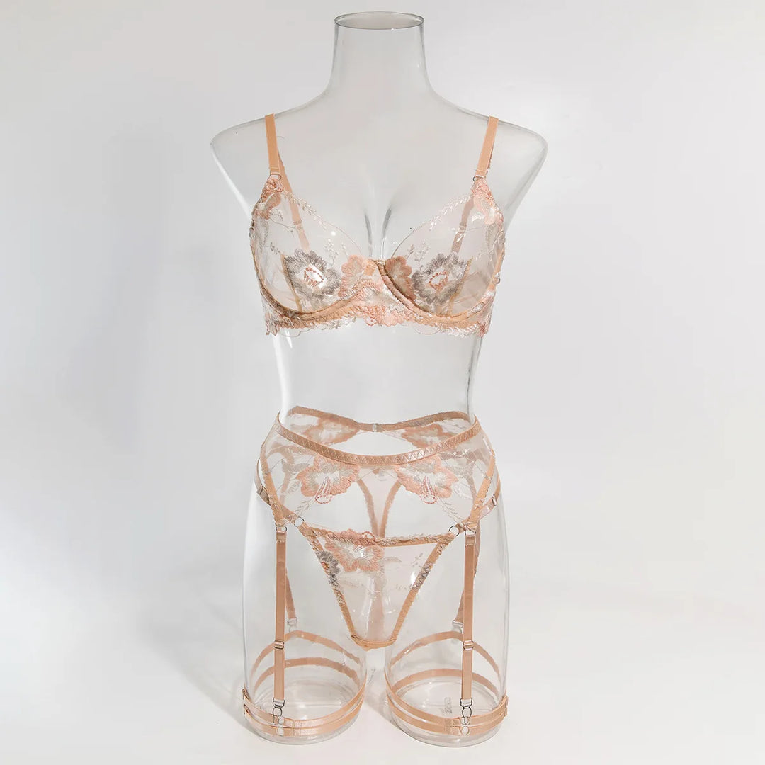 Floral See Through Embroidery Lingerie Set