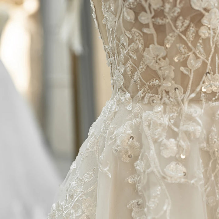 Robes de mariée classiques pour femmes, bretelles spaghetti, fermeture éclair, dentelle, coupe trapèze, col en V, robes de mariée QW01836