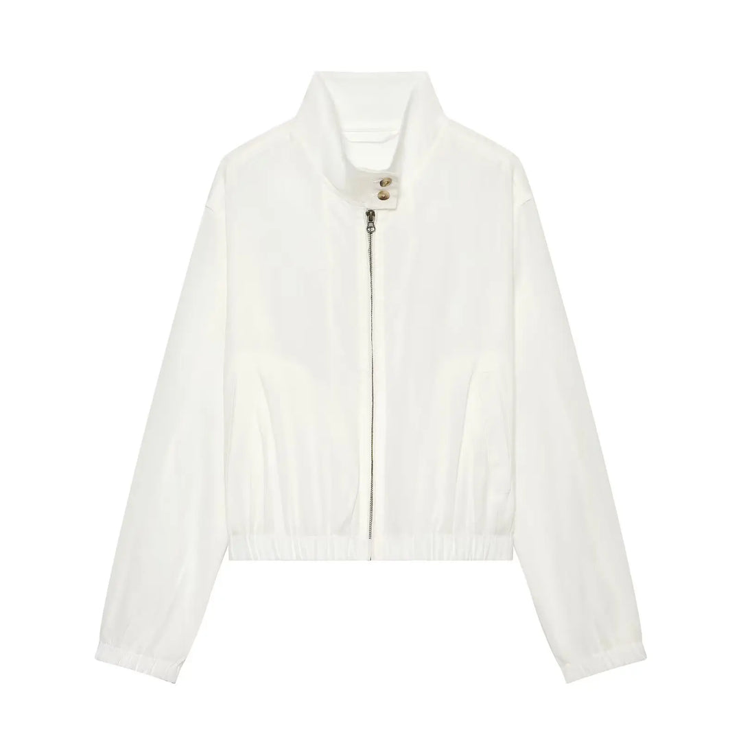 White stand-collar zip-up jacket, full front view with elastic hem