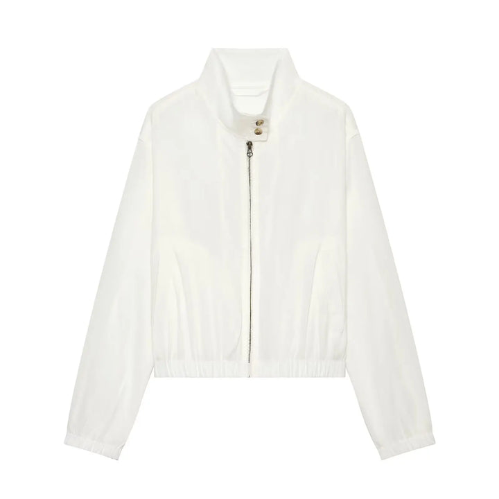 White stand-collar zip-up jacket, full front view with elastic hem