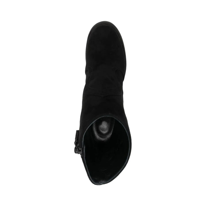 Black faux suede ankle boot, side view with open topline and cushioned lining