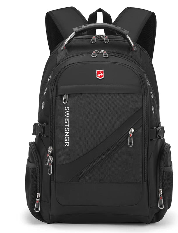 Black waterproof Oxford laptop backpack with two front zippers and padded shoulder straps