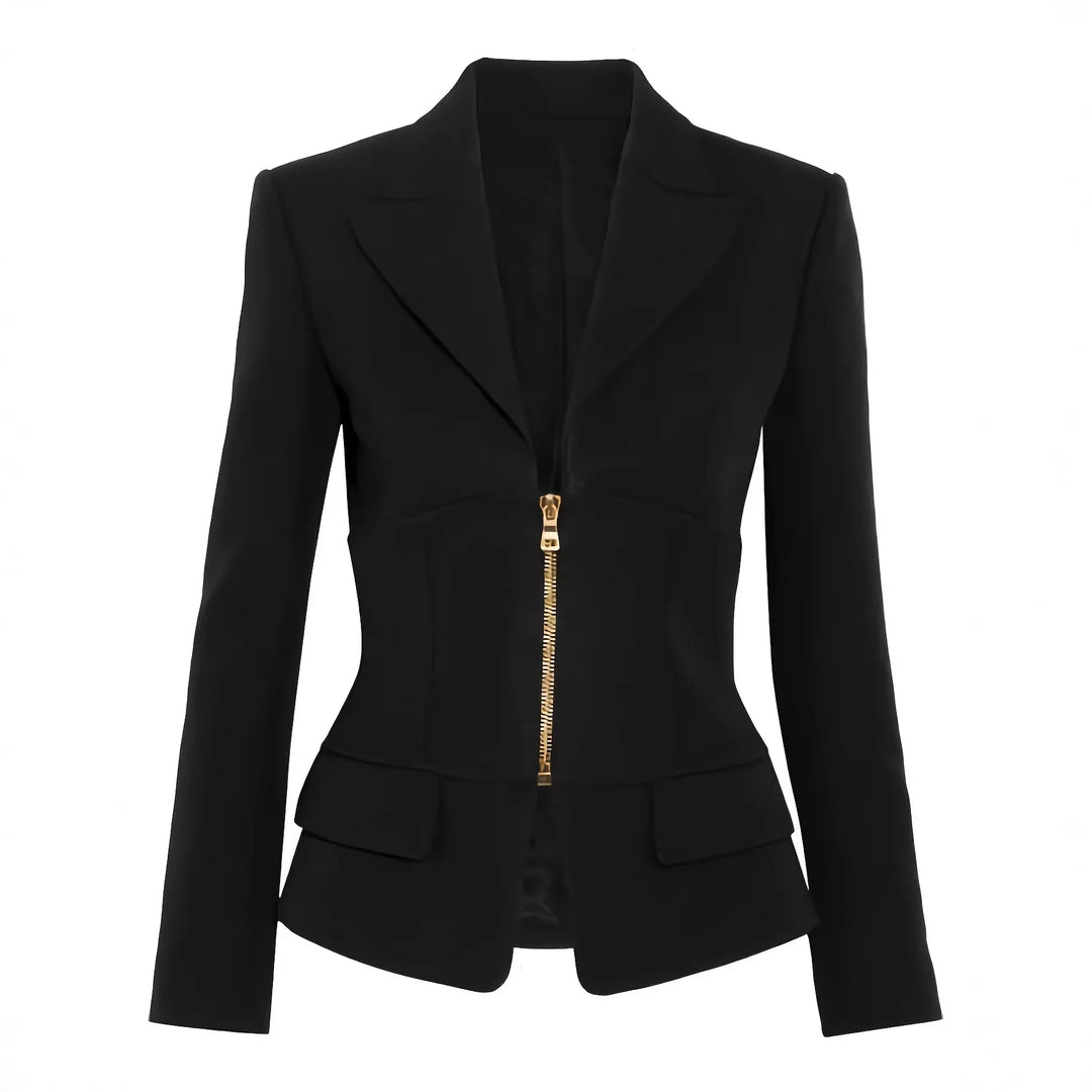 Women's slim-fit blazer in black with gold zipper front and notch lapels.