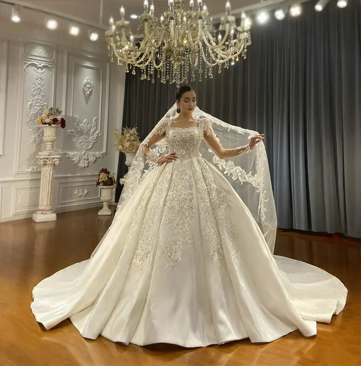 Enchanting Beaded Satin Arabic Bridal Gown