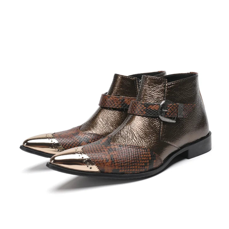 Men's zip ankle boots in bronze leather with orange snake-print toe and side buckle strap