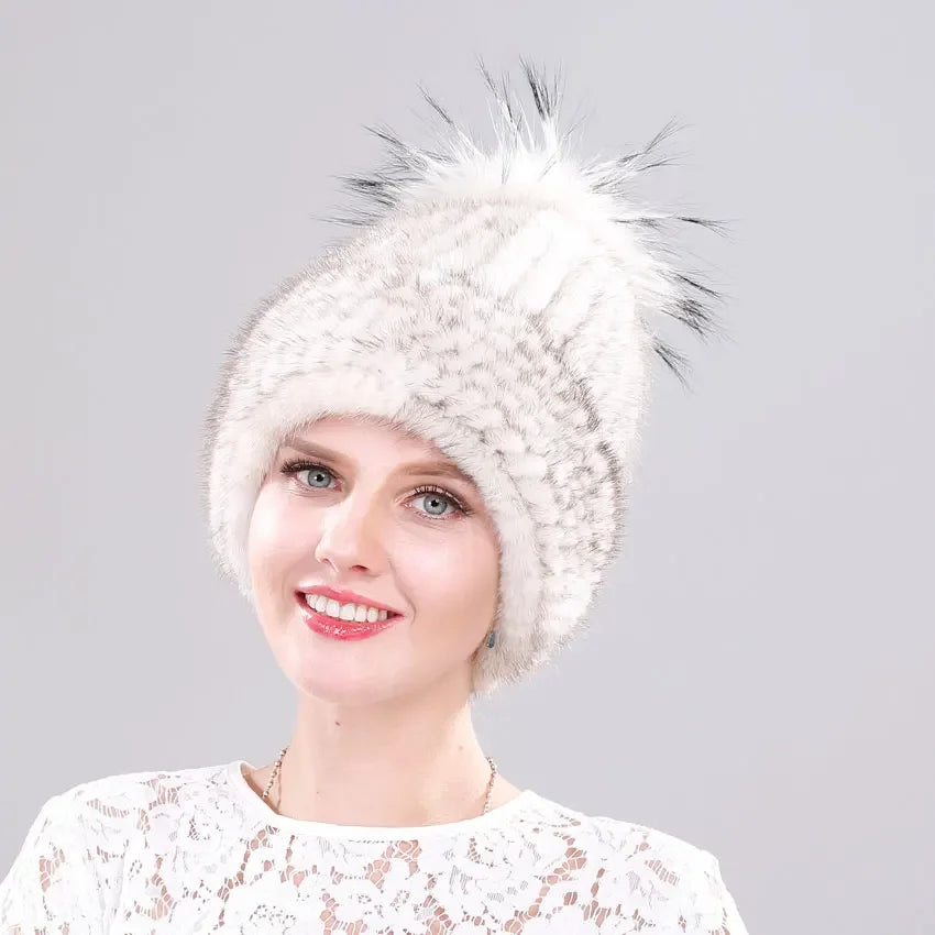 Luxury Fur Pompom Knitted Beanie Cap