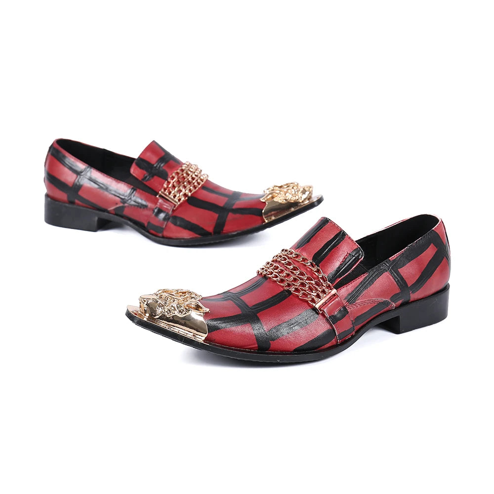 Pair of red pointed-toe loafers with black striped design, gold buckled chain trim