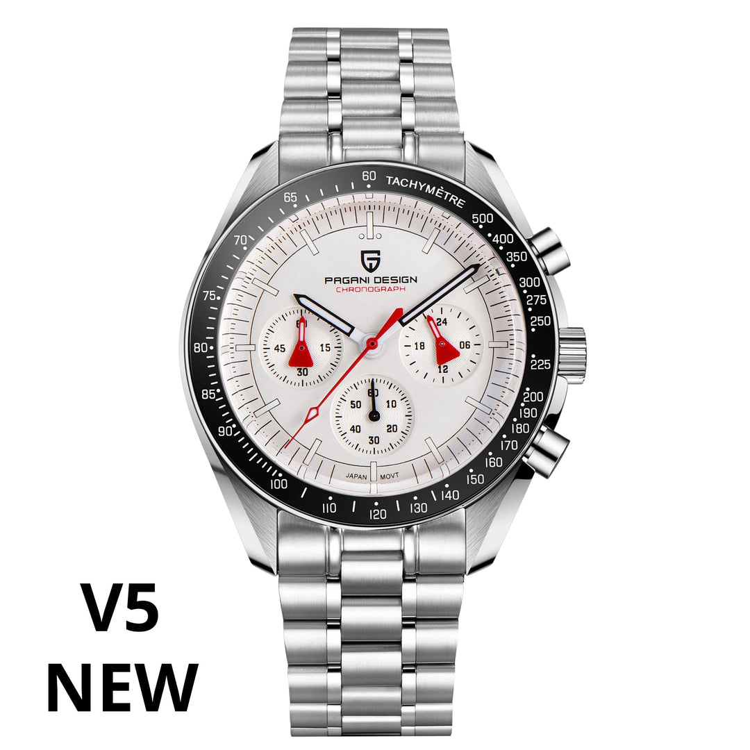 Silver Pagani Design watch with a white face on a white background