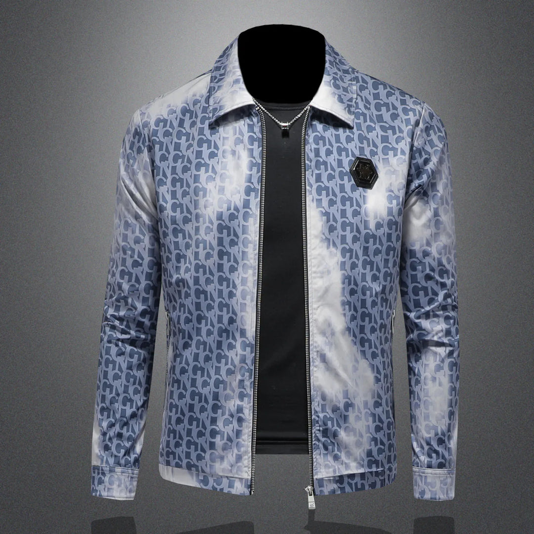 Blue men's letter jacquard jacket, full-zip front, black collar and chest accent patch