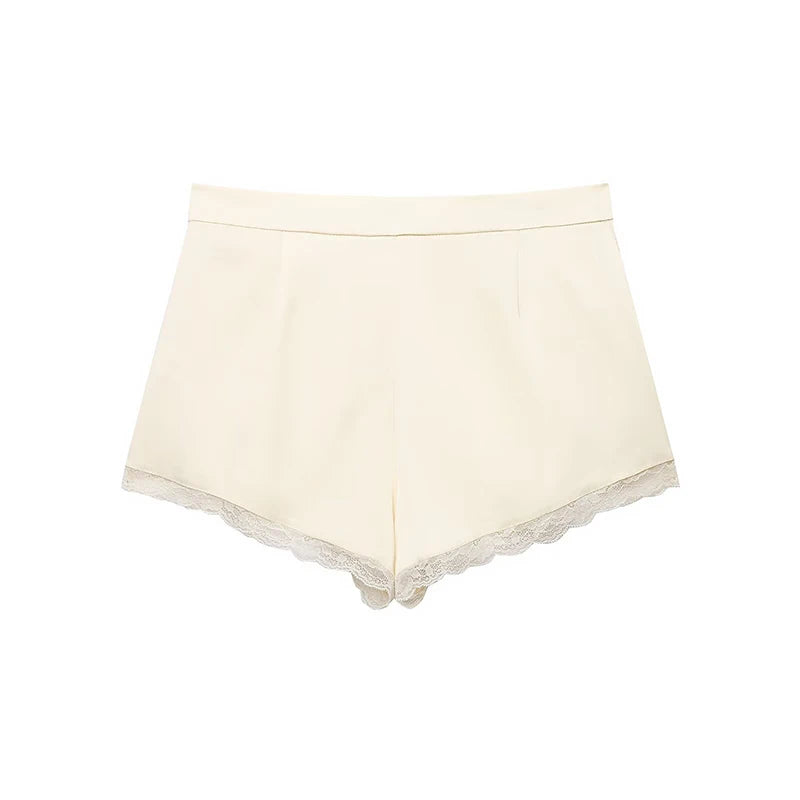 Trendy Satin Lace Trim Loose Shorts