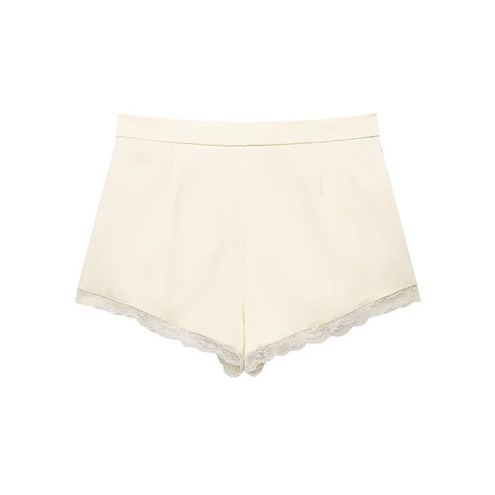 Trendy Satin Lace Trim Loose Shorts