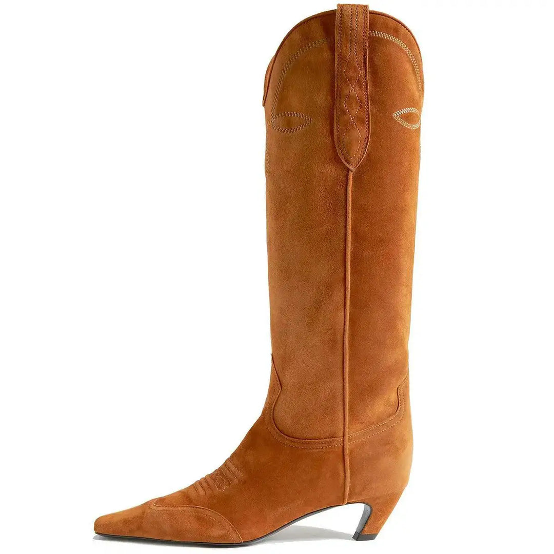 Camel suede-look cowboy boots with embroidered accents and low block heel