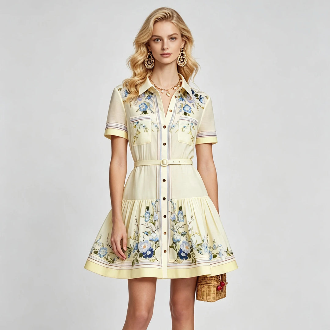 Yellow floral print slim mini dress with collared button-front and belt, short sleeves